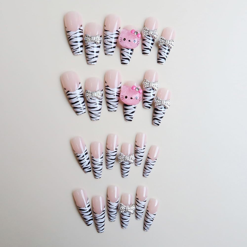 Leopard Print Press on Nails Cute Fake Nails with Charms Long Coffin Nails Supply Full Cover False Nails for Women 24 Pcs Coffin Nails Press on Nails Leopard Print Fake Nails