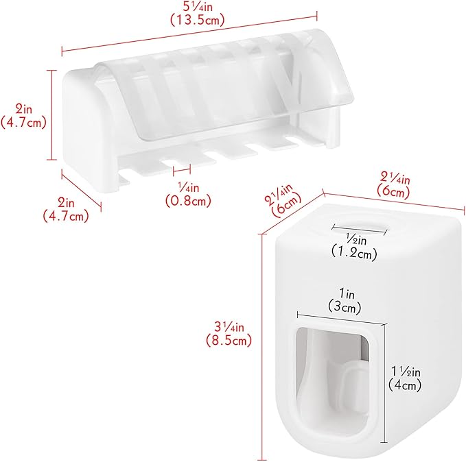 5 Slots Wall Mount Toothbrush Holder with Cover, Self Adhesive Toothbrush Storage Organizer for Shower, Toothbrush Hanger with Automatic Toothpaste Squeezer Dispenser