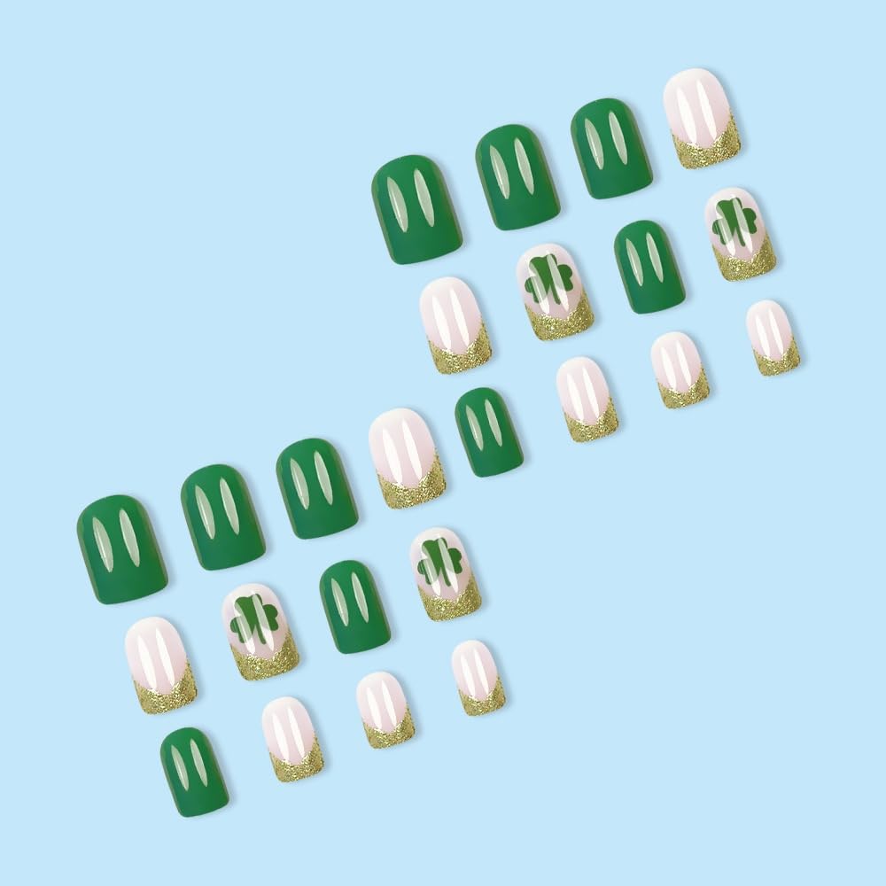 St Patricks Day Press on Nails Short Square Fake Nails with Shamrock Clover Design Glossy Green Glue on Nails Gold Glitter French Tips Nails Press ons Spring Acrylic Nails for Women Manicure 24Pcs