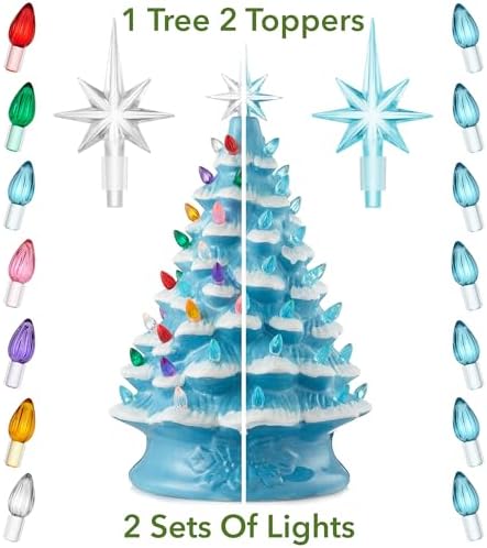 Casafield Hand Painted Ceramic Christmas Tree, Blue Snow Flocked 15-Inch Pre-Lit Tree with 128 Multi Color Lights and 2 Star Toppers