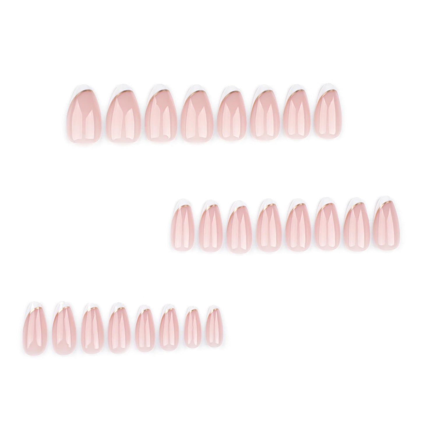 French Tip Press on Nails Almond Fake Nails with Gold Line Design Medium Full Cover Stick on False Nails for Women Manicure 24Pcs
