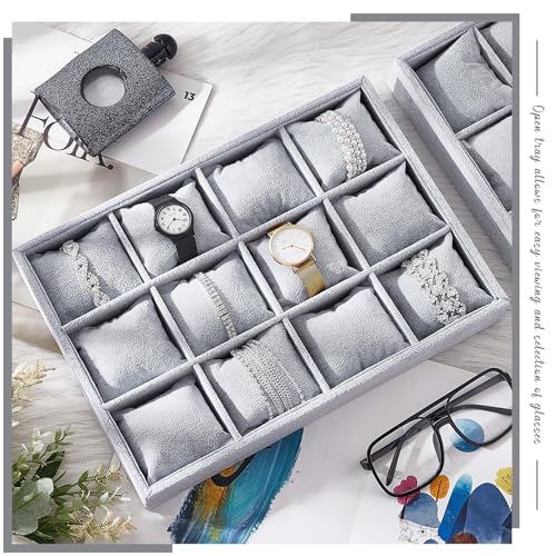 Henoyso 2 Pieces 12 Grid Velvet Watch Tray Jewelry Organizer Stackable Watch Bracelet Bangle Display Holder Adjustable Pillow (Gray) - color: Gray, size: 12 Grid