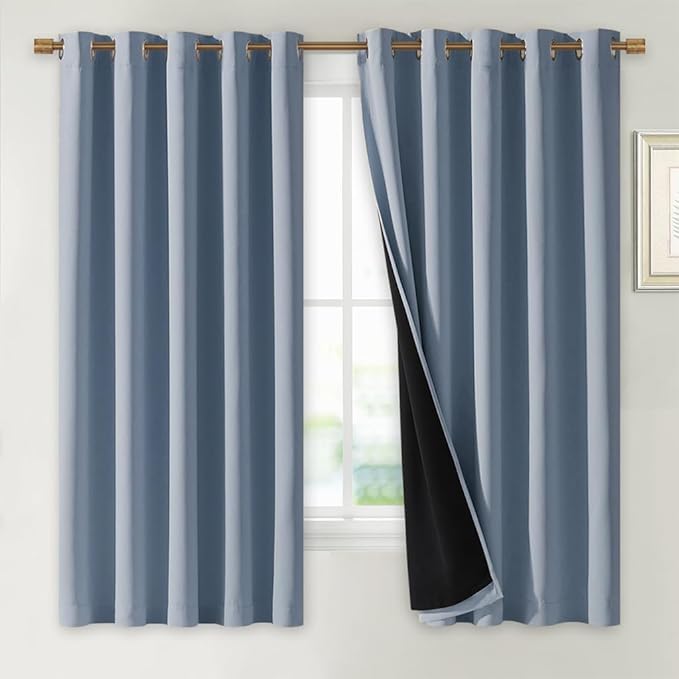 NICETOWN 100% Blackout Lined Curtains, Vintage Blue, 1 Pair, 70" Width x 63" Length Each Panel, 2 Thick Layers Completely Blackout Window Treatment Thermal Insulated Drapes for Kitchen/Bedroom