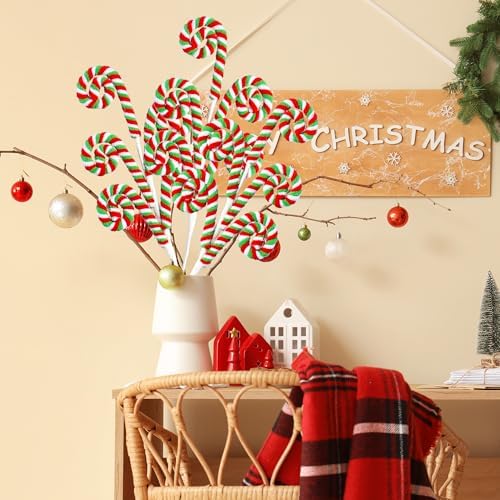 Sggvecsy 6 Pcs Christmas Tree Decoration Woolen Bells Candy Cane Shape Picks Lollipop Curly Pick Ornaments Xmas Tree Topper for Party Vase Filler Home Office Decor (Green)