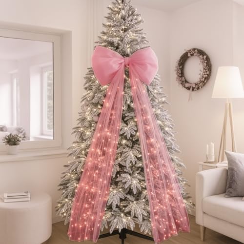 Soulchen 49 Inch Christmas Tree Topper Bow Large Tulle Ribbon,Pink