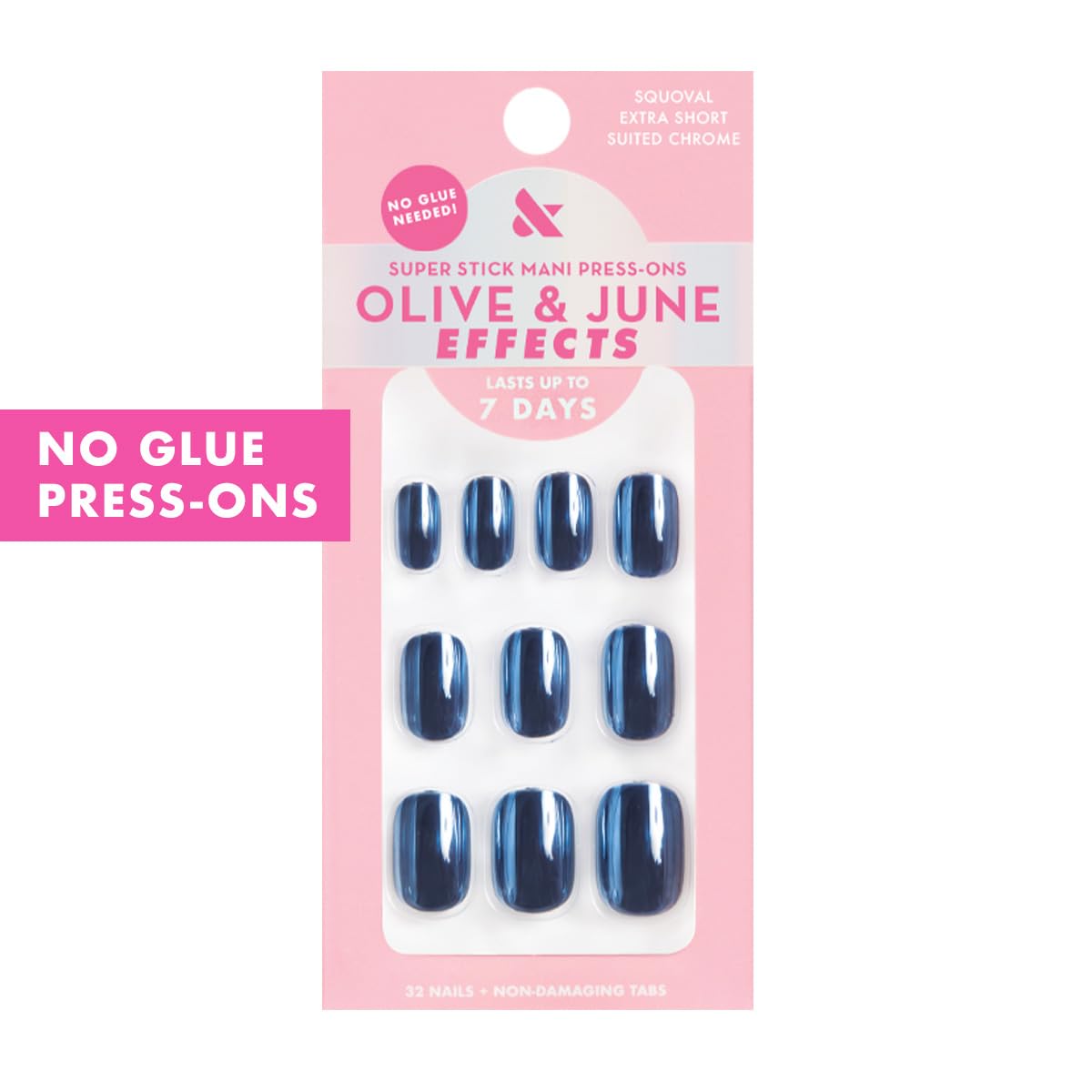 Olive & June Effects Super Stick Mani Press On Nails | No Glue Needed | 32 Tab Nails, 16 Sizes | Non-Toxic Easy On-Off Non-Damaging Real Look | 7-Day Wear | Extra Short, Squoval | Suited Chrome