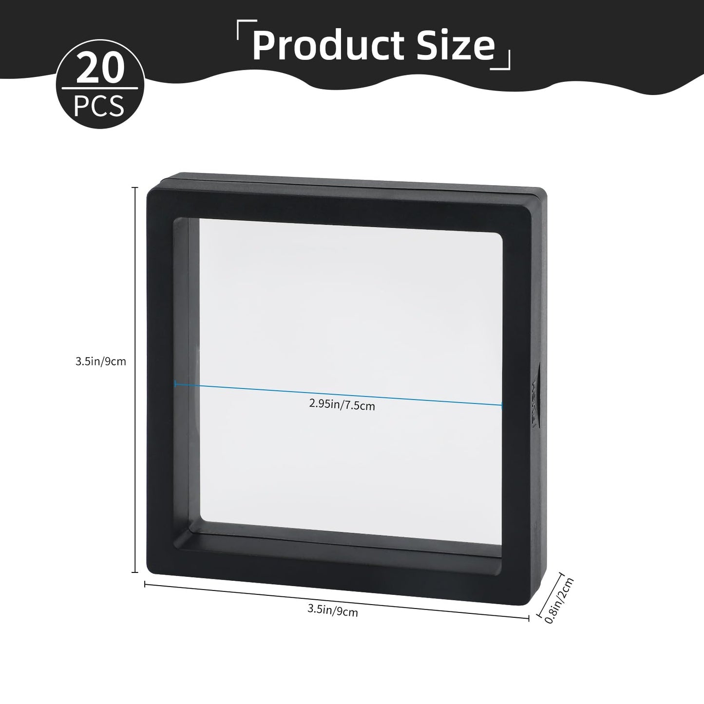 20 Pcs Black 3D Floating Display Case 3.5 x3.5X 0.8 inch, Challenge Coin Display,Transparent PE Jewelry Storage Box, Floating Display Holder Stands for Antique Challenge Coins, Medallion, Stamps