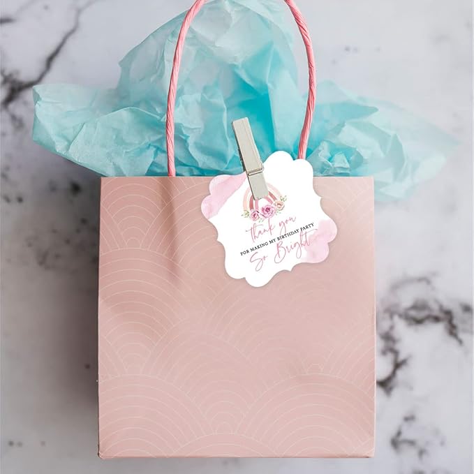Andaz Press Fancy Frame Kids Party Favor Thank You Tags with String, 48-Pack Floral Rainbow Birthday Gift Tags for Gift Bags, Favor Bags, Goody Bags, Girls Boho Birthday, 1st Birthday Party Favors