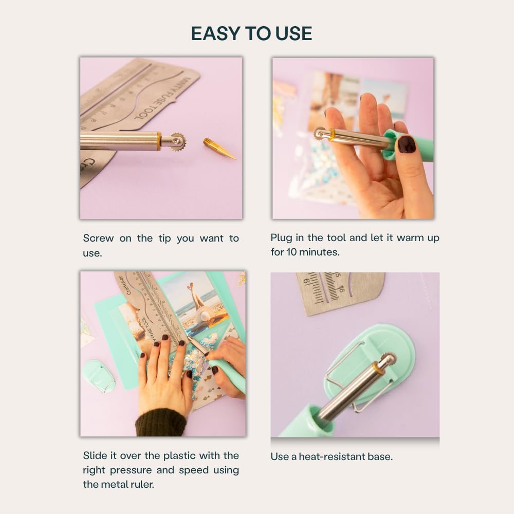 Craftelier - Minty Fuse Tool – Heat Sealing & Cutting Tool for Plastic Sheets, Create Custom Pockets, Shakers & Crafts – Includes Fine Tip, Toothed Tip, Metal Ruler Guide & Rest Stand – Mint Green