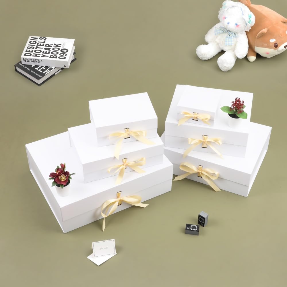 BoxSkivra Large White Gift Box with Ribbon 1 Pack 16.5X13X5.3 Inch Extra Large Gift Box with Lid Magnetic Closure Rectangle Collapsible Luxury Boxes for Wedding Dress、Shredded Paper Filler & Card