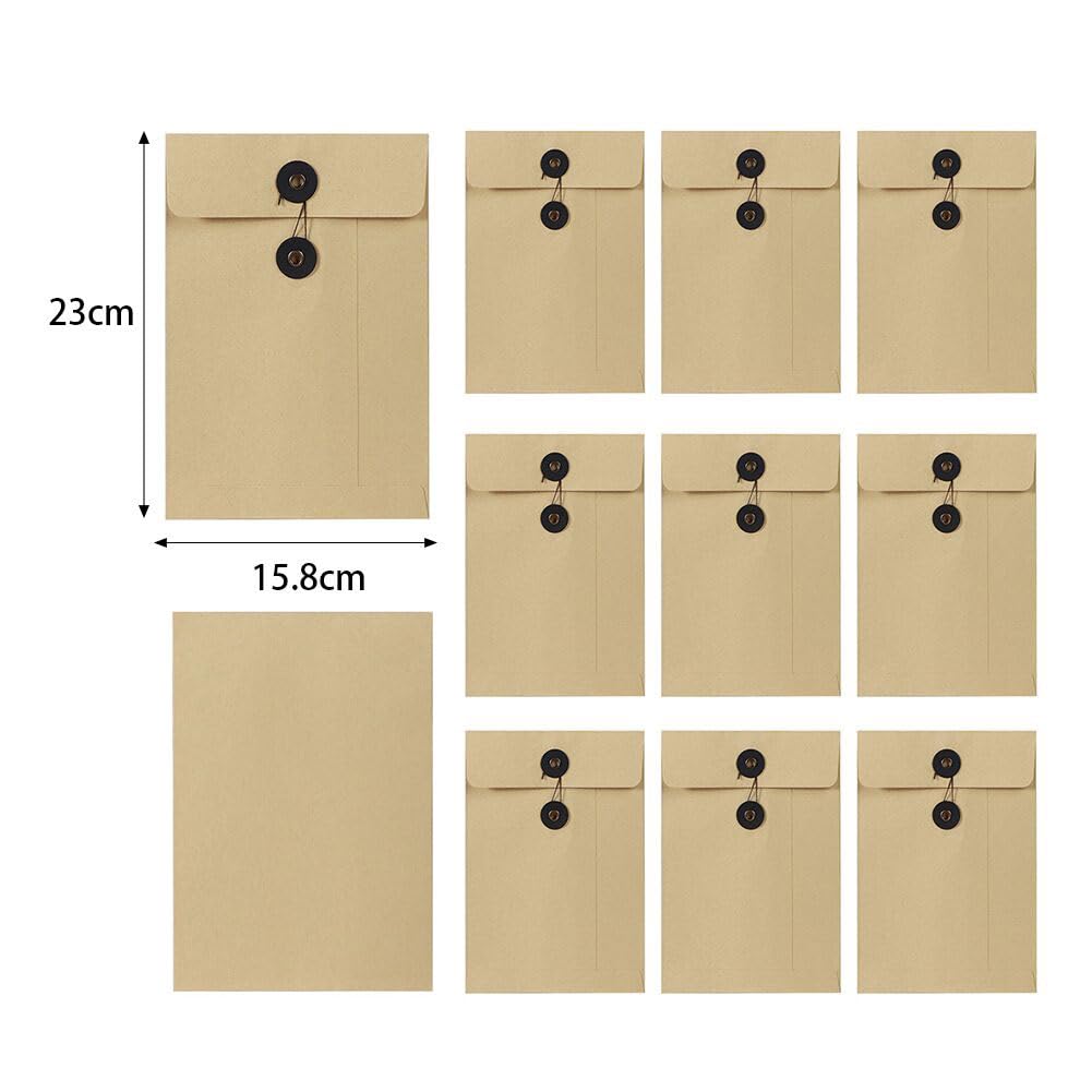 10 Pcs Kraft Paper String Envelope File Folder A5 Size Vertical Document Bill Cards Storage Organizer File Bag with Button String Tie Closure Bag File Folder Project Pockets for School Office
