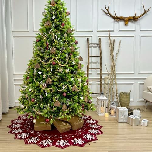 72-Inch Reversible Knit Tree Skirt with Christmas Star–Inspired Pointed Edge Border and Lace-Up Closures, Machine Washable Thick Acrylic Yarn, Burgundy & White