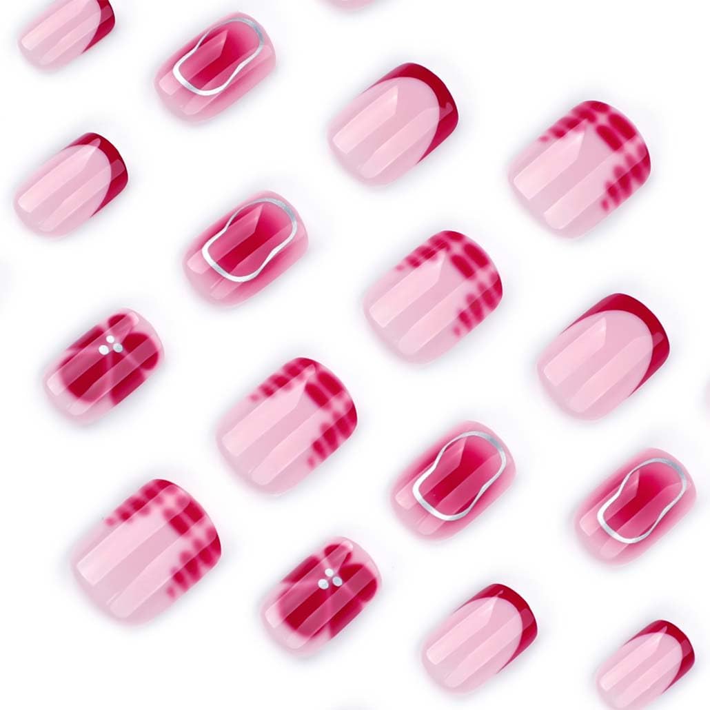 Foccna French Press on Nails Short Red Fake Nails Square Glossy Flower False Nail Tips Artificial Nails for Women&Girls 24 pcs
