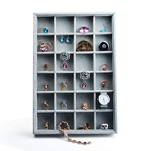 Oirlv 24 Grid Ice Velvet Jewelry Drawer Organizer Tray Stackable Jewelry Trays Removable Dividers for Rings Earring Storage Display - size: 24 Grid Tray