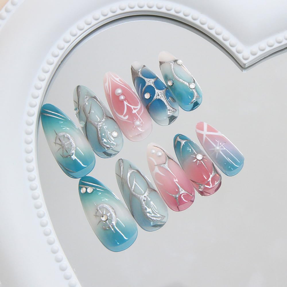 24 Pcs Ombre Blue Press on Nails Short Almond,MINGCHUN Fall Fake Nails Press ons Acrylic Nail Art Tips Kit Full Cover False Nails Glue on Nails with Starburst 3D Texture Design for Women Nail Supplies