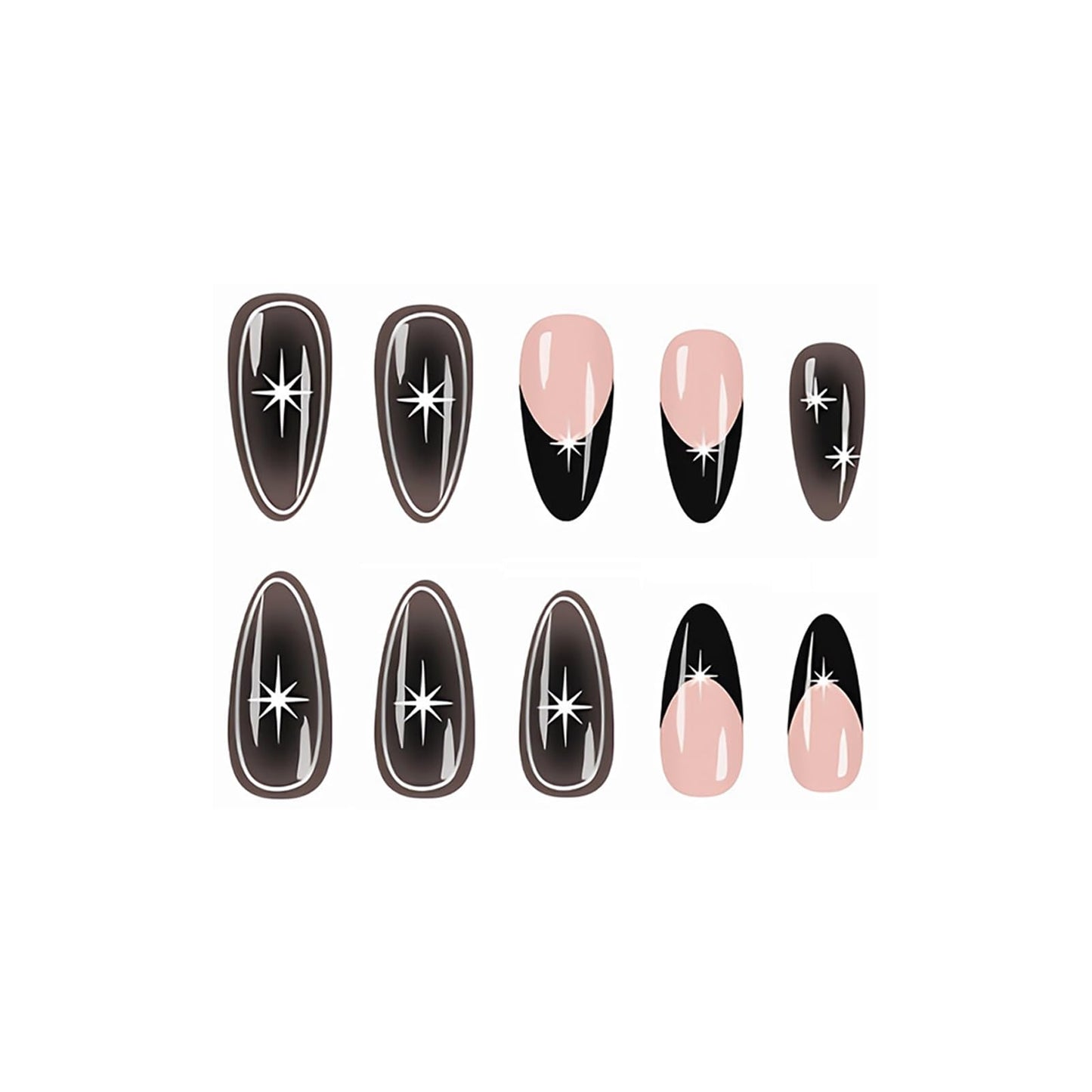 MISUD Press on Nails - Medium Almond Fake Nails with Goth Black, Acrylic Silver Chrome Star Design 24 pcs