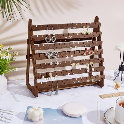 7-Tier Wood Earring Stand Organizer Dangle Earring Jewelry Organizer Holder Stud Earrings Tower Detachable Wood Tiered Jewelry Card Display Tree Wooden Tray for Women Coconut Brown