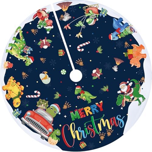 48" Christmas Tree Skirt Cute Dinosaurs Xmas Tree Skirt Santa Round Tree Mat Blue Christmas Tree Decor for Holiday Season Birthday Baby Shower Winter Xmas Party Supplies