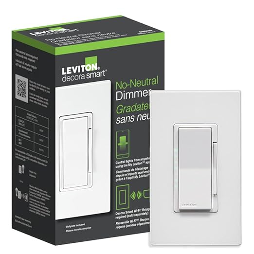 Leviton No-Neutral Decora Smart Dimmer Switch, Requires MLWSB Wi-Fi Bridge to Work with My Leviton, Alexa, Google Assistant, Apple Home/Siri & Wired or Wire-Free 3-Way, DN6HD-1RW, White