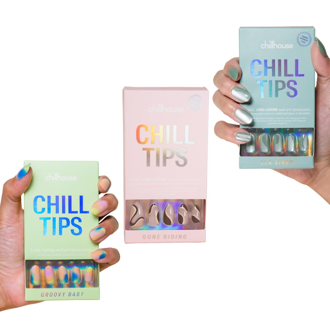 Chillhouse - Chill Tips, Press On Nails Kit - Groovy Baby (Oval), Sea Siren (Almond), Gone Riding (Almond)