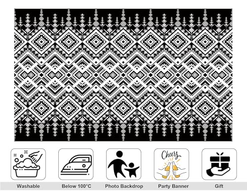 10x5ft Ethnic Geometric Backdrop Black White Tribal Pattern Photography Background for Minimalist Boho Party and Art Display Wall Decorations Tapestry Photo Booth Props - size: 10x5ft