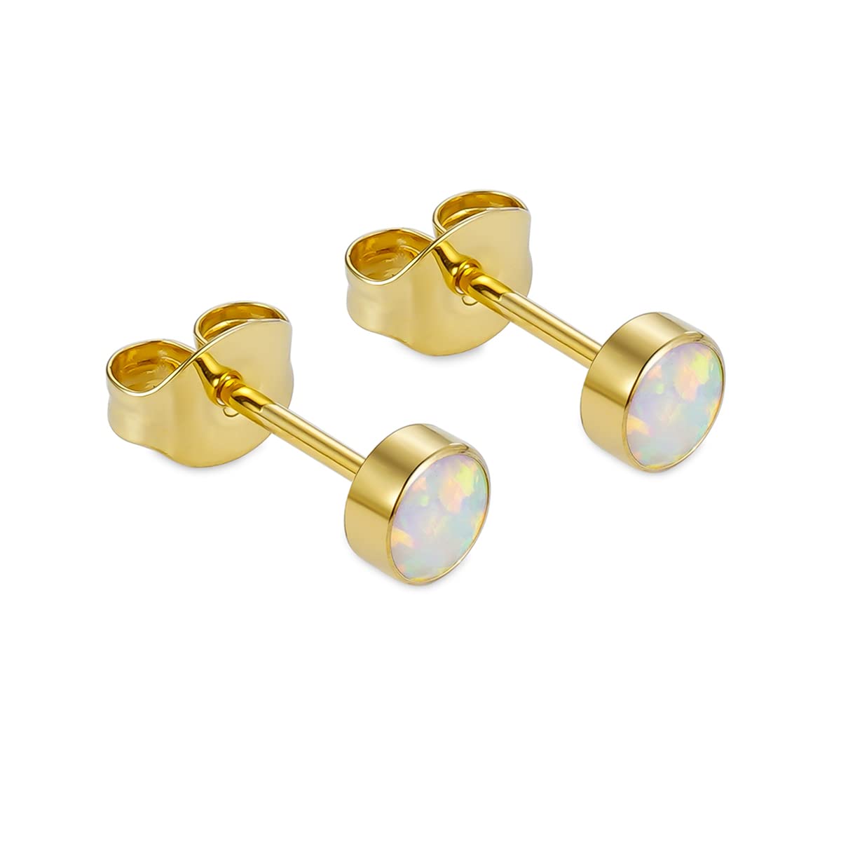 1 Pair G23 Titanium Stud Earrings Set Hypoallergenic 3mm 4mm 5mm 6mm Cubic Zirconia Studs for Women Men for Sensitive Ear(4mm bezel gold white opal)