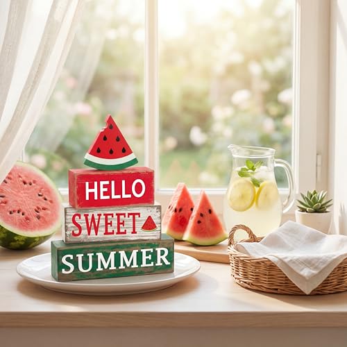 GlikCeil 4 Pcs Summer Watermelon Wood Block Table Sign Watermelon Table Decorations Centerpieces Farmhouse Rustic Tiered Summer Tray Decor for Home Office Desk Kitchen Shelf Decor - style: Watermelon