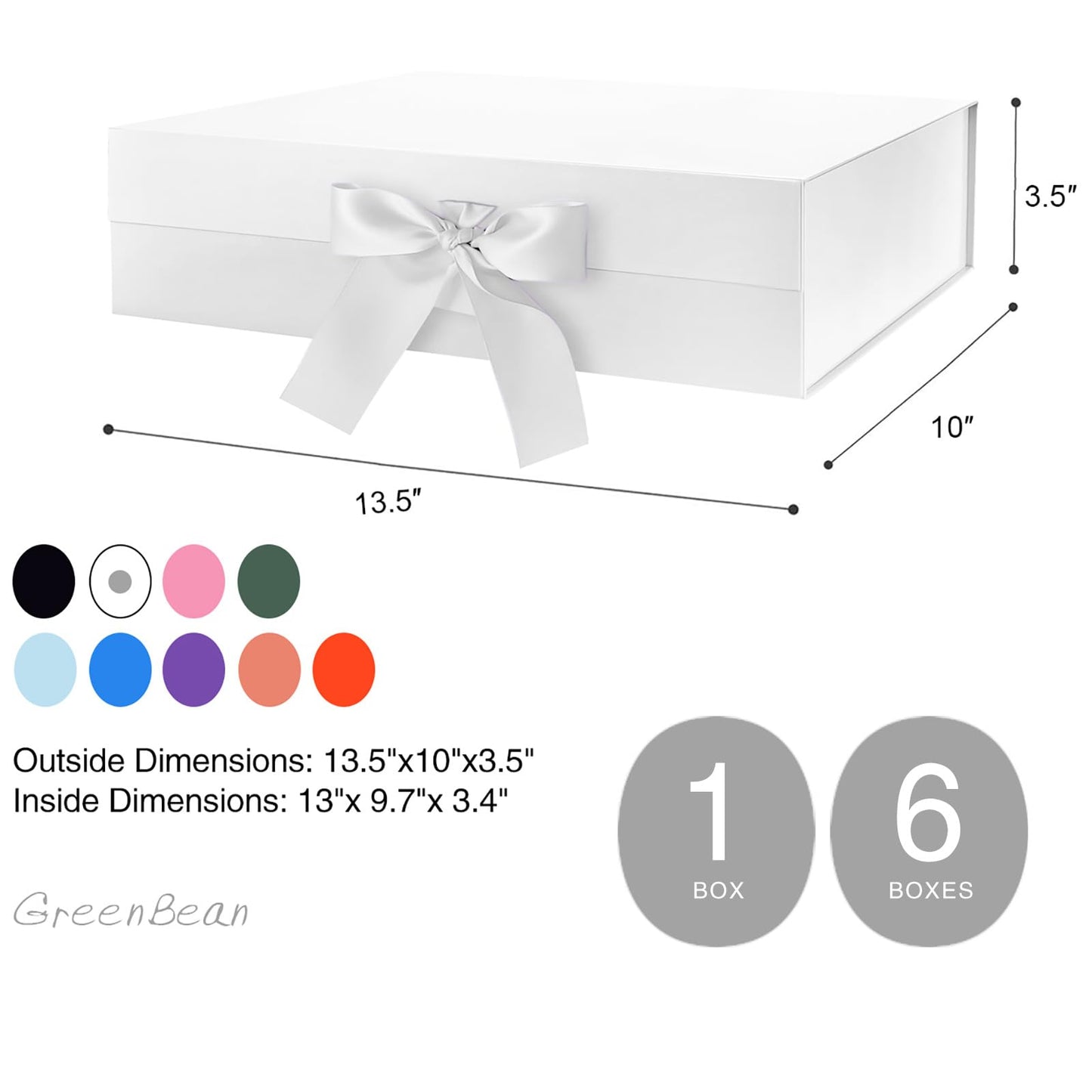 GREEN BEAN Large Gift Box with Lid for Presents 13x9.7x3.4 Inches, White Magnetic Gift Box with Ribbon, Bridesmaid Proposal Box, Luxury Gifts Box (Glossy White)