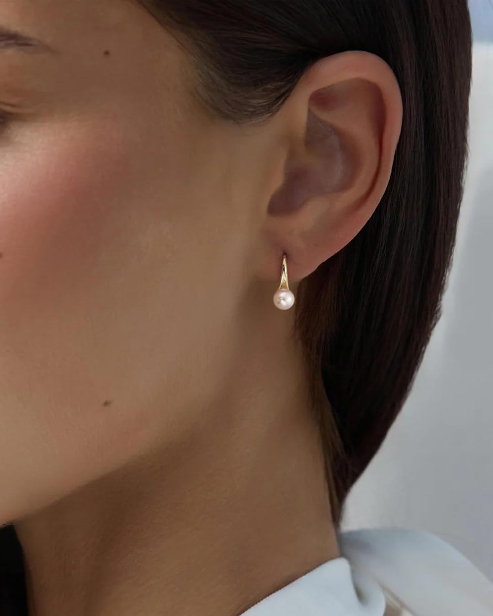 BSGRL Pearl Earrings - 14k Gold Plated Dainty Pearl Stud Earrings for Women Wedding Fish Hook Design