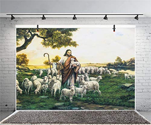 Laeacco Dusk Shepherd Sheep Flock Grassland Fresco Easter Backdrop 7x5ft Jesus Christ Theme Christmas Background Bible Story Church Activities Christian Photo Shoot Studio - size: 7x5ft