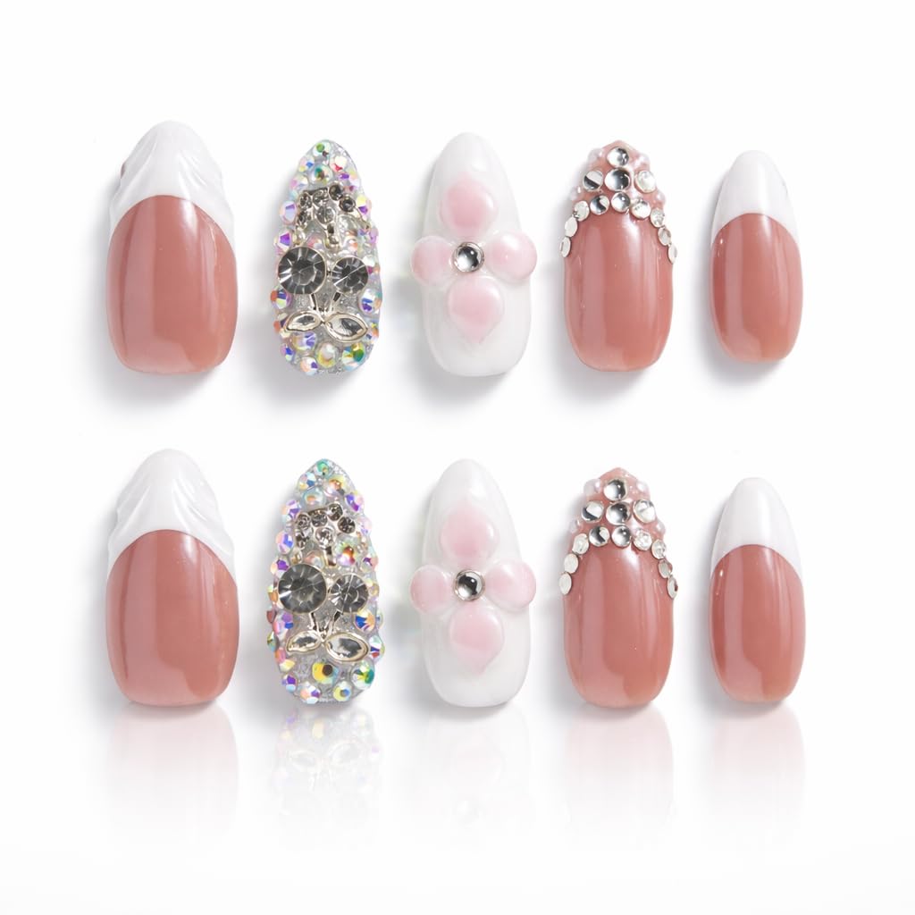 IntoVibes 10 Pieces Handmade Press On Nails Medium Almond, White Thickened False French Nails, Rhinestone And Flower, Reusable Fake Nails Almond, Reusable Acrylic Nails (M)