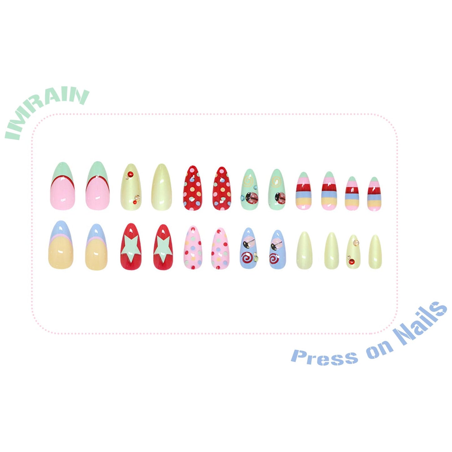 IMRAIN Press on Nails Medium Almond Fake Nails Colorful Acrylic Nail Kit - Polka Dot, Ladybug, Star Designs | Artificial Glossy Glue on False Nails Cute DIY Nail Art