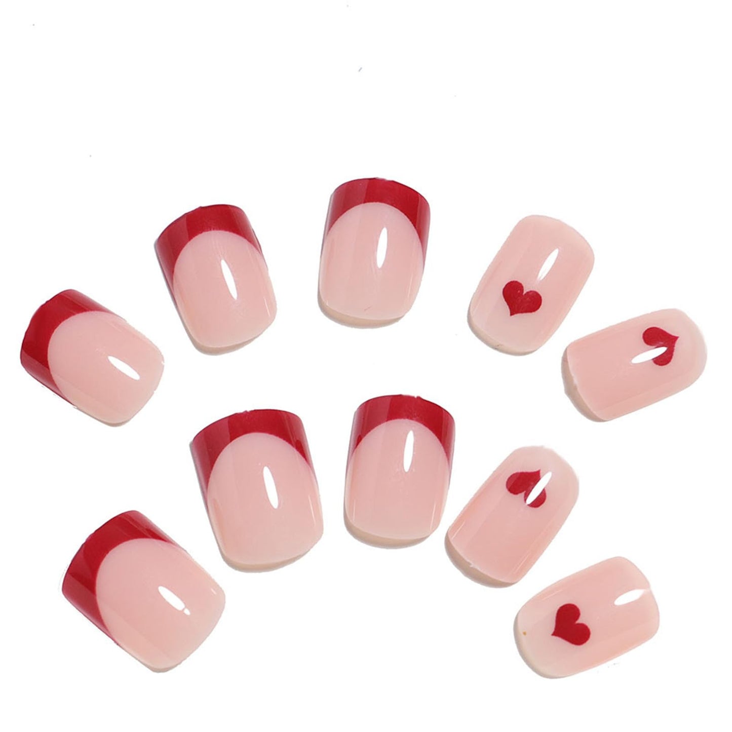 French Tip Press on Nails Red Heart Fake Nails Short Square False Nails with Design Glossy Glue on Nails Acrylic Nails Full Cover Stick on Nails for Women Nails Decoration