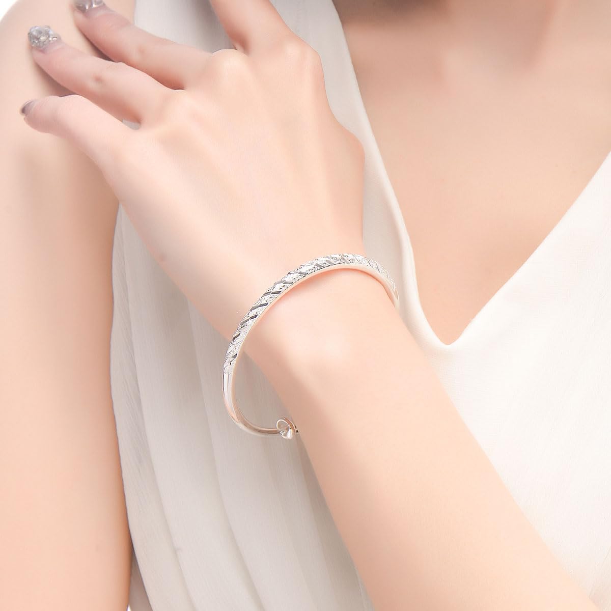 Eyixvan 2 Pack Silver Plated Adjustable Bangle Bracelets for Women, Classical Stackable Bangle Set for Women, Jewelry Gift for Valentines Day, Mothers Day, Birthday,Anniversary,Christmas Gift for Her