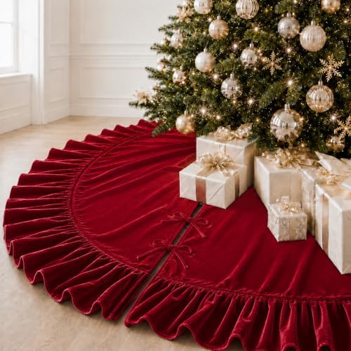Christmas Tree Skirt,Velvet Tree Skirt with Ruffled Edge, Classic Large Velvet Fur Plush Tree Skirt for Merry Christmas(Red,48Inch)