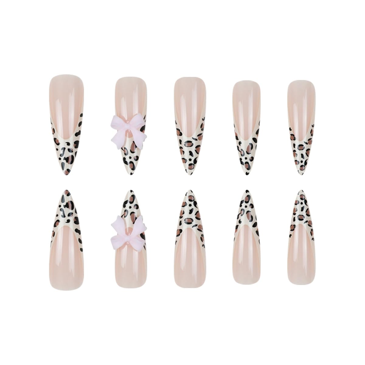 plalely Stiletto Press on Nails Long Brown Fake NailLeopard Acrylic with Pink Bow Design Stick on Nails for Women 24pcs