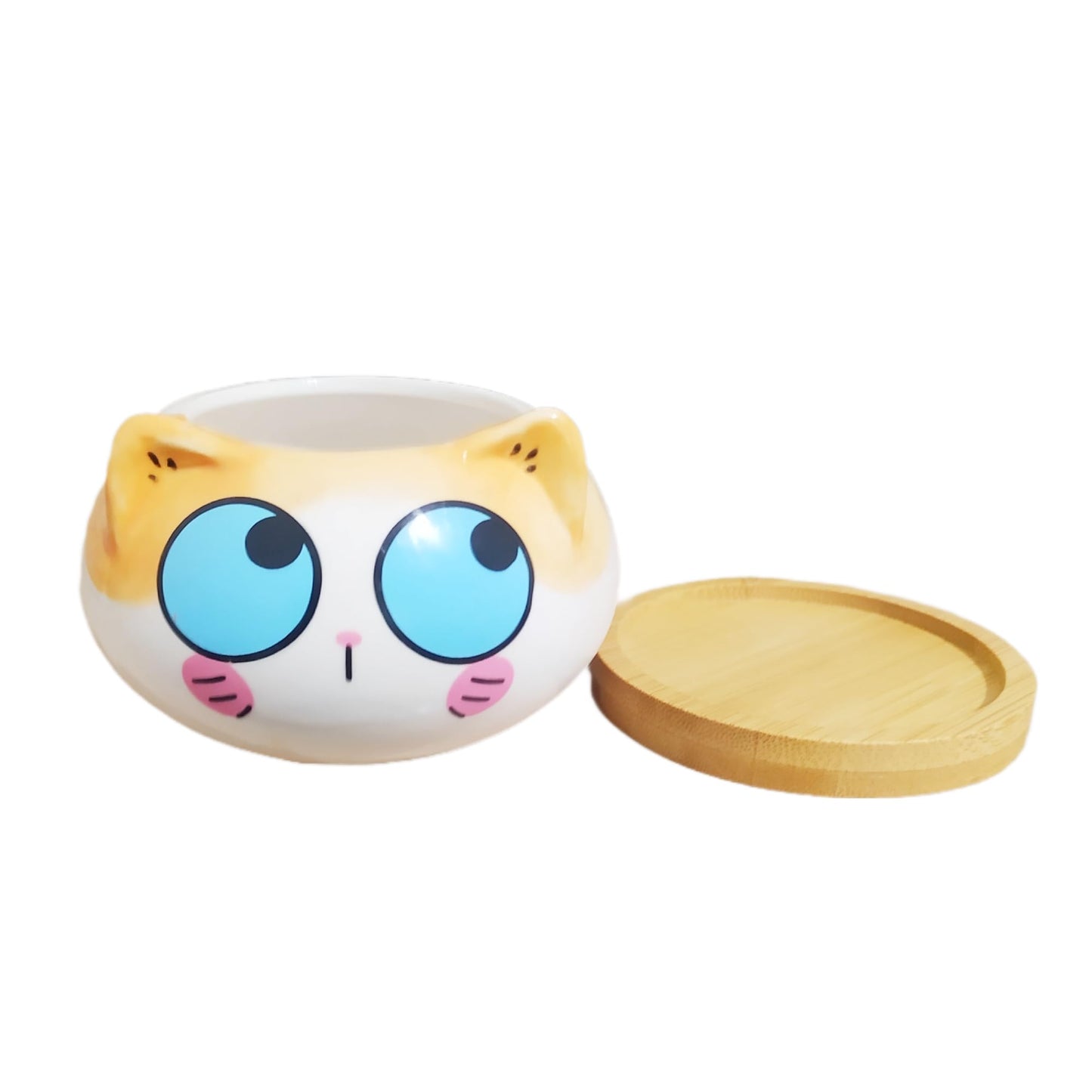 Cuteforyou Cute 3.5 Inches Indoor Cartoon Animal Cat Shaped Ceramic Succulent Cactus Flower Plant Pots with Bamboo Tray-Plant Not Included (Blue Eyes)