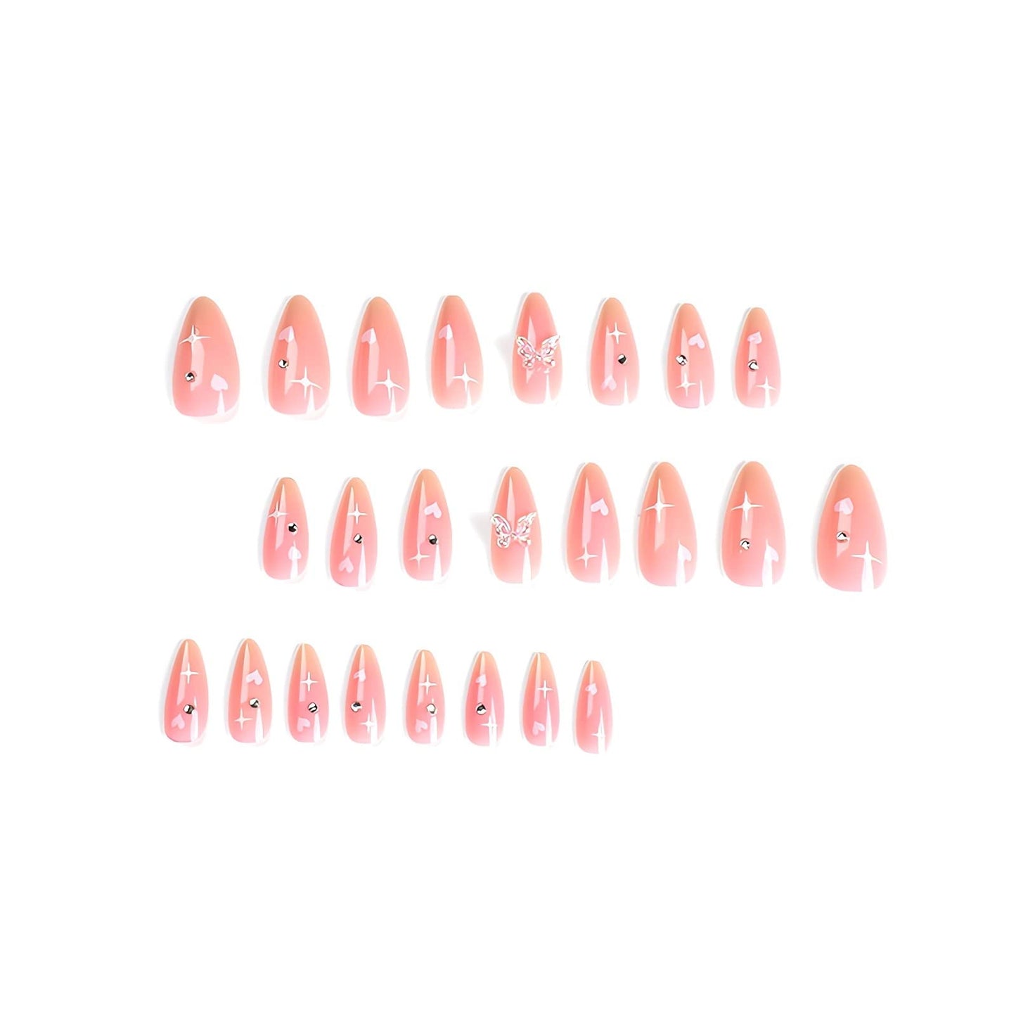 IMSOHOT Almond Press on Nails Pink Medium Fake Nails Stiletto Butterfly Rhinestone False Nails with Designs Glossy Full Cover Acrylic Glue on Nails for Women 24pcs
