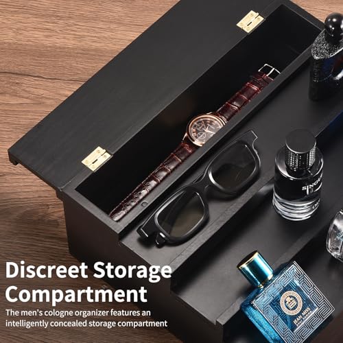 Perfume Organizer for Men, 4 Tier Wood Perfume Display Stand with Velvet Lining Drawer and Hidden Compartment for Watch,Jewelry,Perfume Display Risers,A Gift for Men (Black) - style: 4 Tier - Black