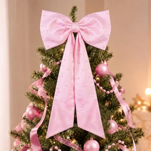 HunnmingRe 24x43 in Satin Bow with Pearl Christmas Tree Topper,Pink