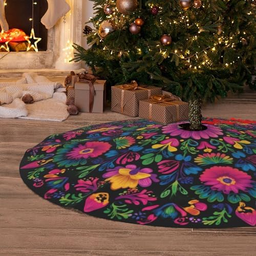Mexican Flowers Christmas Tree Skirt 36 Inch Mexico Xmas Tree Mat Party Decor Supplies for Holiday Home Decorations