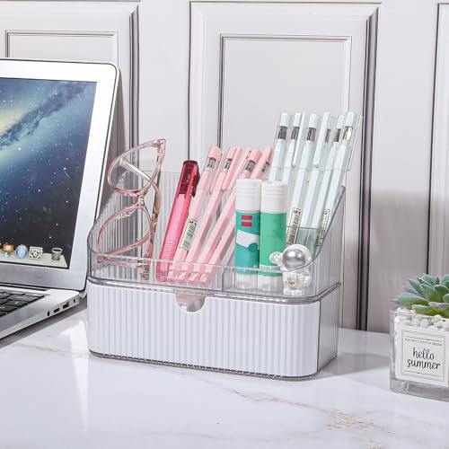 DASITON Makeup Organizer with Drawers, 2 Tier Stackable Organizer for Cosmetics, Skincare, Lipsticks, Makeup Brush, Acrylic Small Makeup Organizers for Vanity Bathroom Countertop Desk Storage (White)