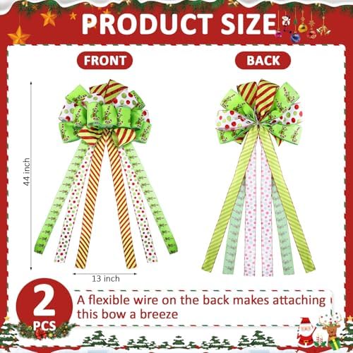 Suncalla 2 Pcs 44 x 13 Inch Large Christmas Tree Toppers Green Christmas Tree Ornaments Candy Cane Ribbon Bows Lime Green Glitter Polka Dot Wreath for Xmas Holiday Indoor Outdoor Front Door Staircase