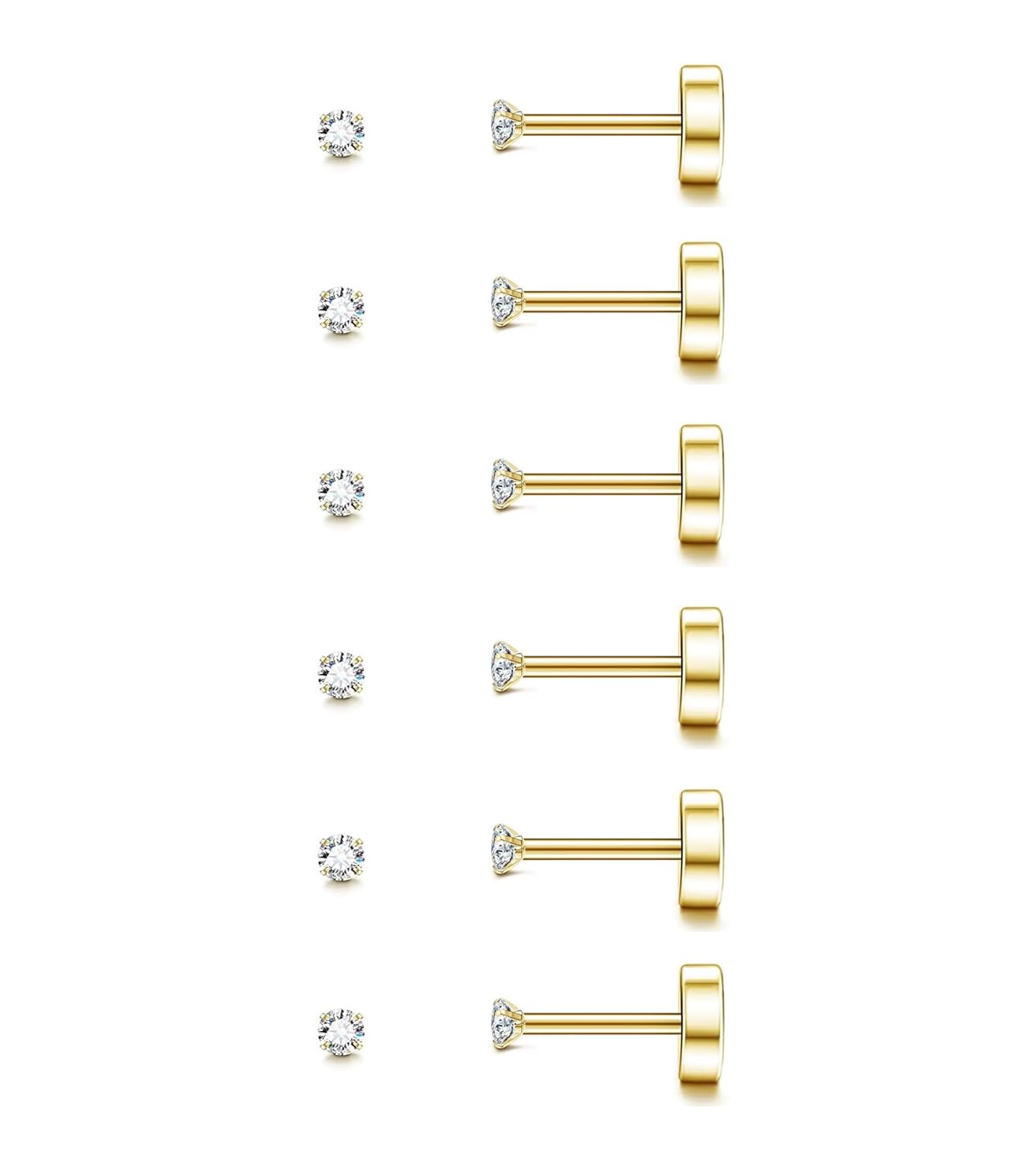 6 Pairs Gold 2mm Tiny Flat Back Earrings for Women Men, Surgical Steel 20G Small Stack Round Cubic Zirconia Earrings for Multiple Piercing, Hypoallergenic Piercing Studs for Sensitive Ears