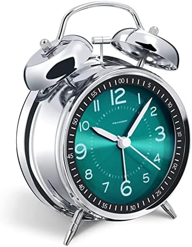Peakeep Loud Alarm Clock for Heavy Sleepers Adults, Metal 4.5 Inches | Twin Bell Battery Operated Analog Alarm Clocks for Bedrooms Kids' Room Decoration (Peacock Green)