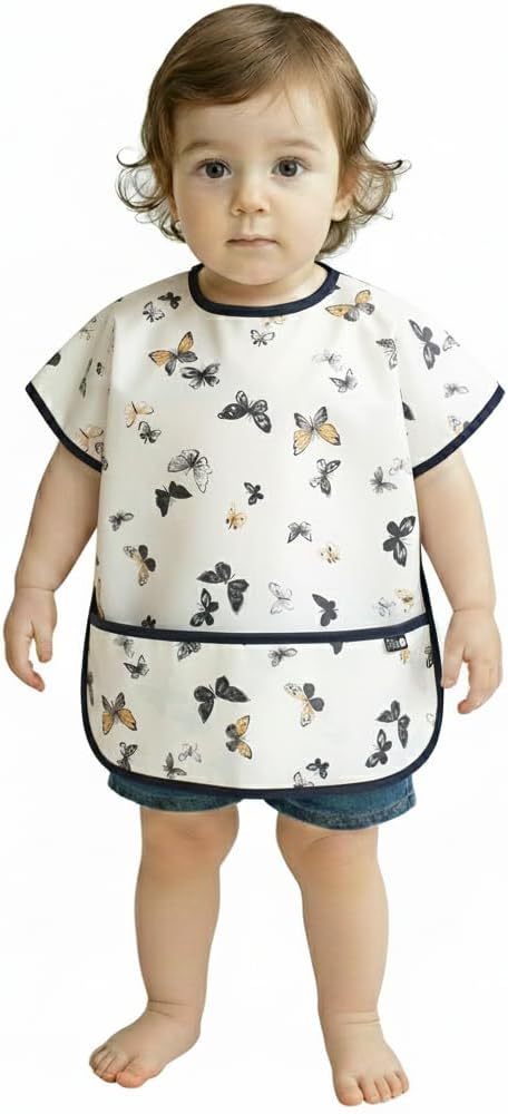 Short Sleeve Waterproof Bib for Toddlers – Easy Clean Feeding Apron for Mealtime, Daycare, Self-Feeding, Lightweight