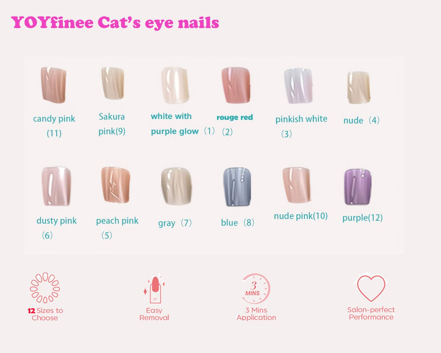 YOYfinee 24Pcs Press on Nails Medium—Short Square Fake Nails Magnetic Cat's Eye Nails. Candy pink(11)