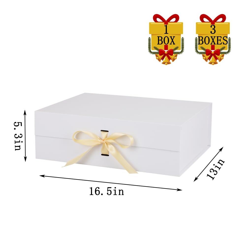 BoxSkivra Large White Gift Box with Ribbon 1 Pack 16.5X13X5.3 Inch Extra Large Gift Box with Lid Magnetic Closure Rectangle Collapsible Luxury Boxes for Wedding Dress、Shredded Paper Filler & Card