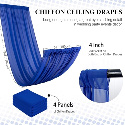 DUOBAO Royal Blue 5x20ft Chiffon Drapes 4pc Elegant Sheer Wedding Backdrop Curtains Chiffon Ceiling Drapes for Tent, Banquet Hall, and Photography - color: Royal Blue, size: 60"W x 240"L (Pack of 4)