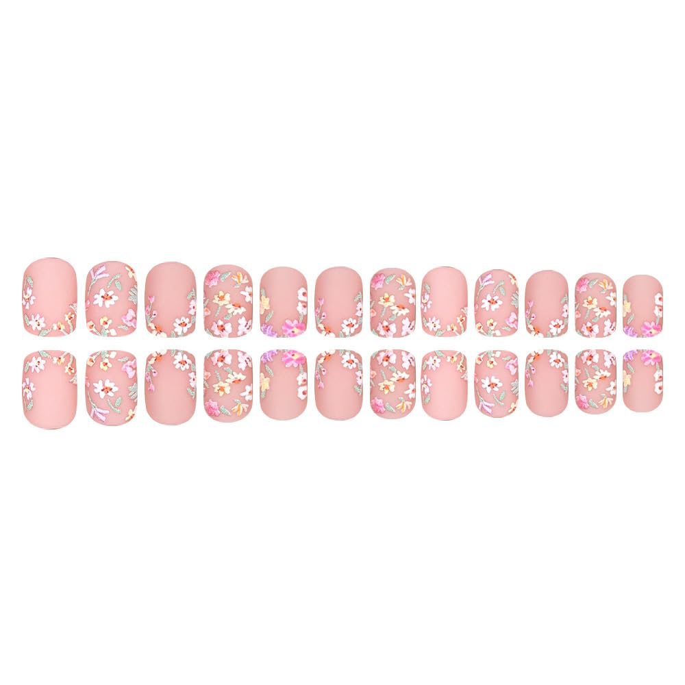 Short Press on Nails Daisy Flower Fake Nail Matter Glue on Nails Square Floral False Nail Spring Full Cover Stick on Nails Artificial Reusable Acrylic Nail for Women 24Pcs